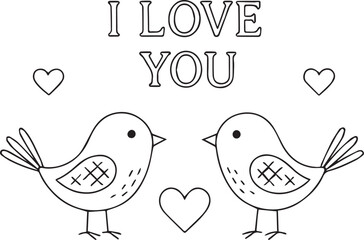 Vector black-and-white line art of two birds surrounding a decorative heart, drawn in an elegant vintage ink style. Perfect for Valentine’s Day cards, romantic designs, crafts, prints and DIY projects