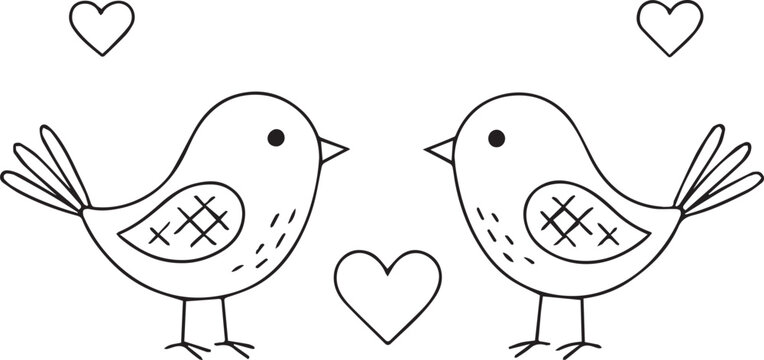 Vector black-and-white line art of two birds surrounding a decorative heart, drawn in an elegant vintage ink style. Perfect for Valentine’s Day cards, romantic designs, crafts, prints and DIY projects