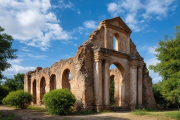 Ruins of a stone structure featuring arched doorways and visible deterioration under a blue sky with scattered clouds