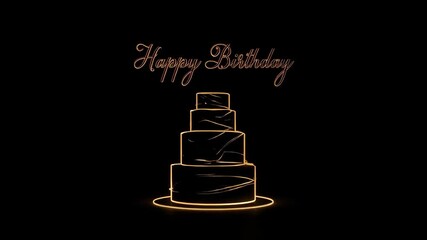 Glowing, multi-tiered cake with "Happy Birthday" text on black background