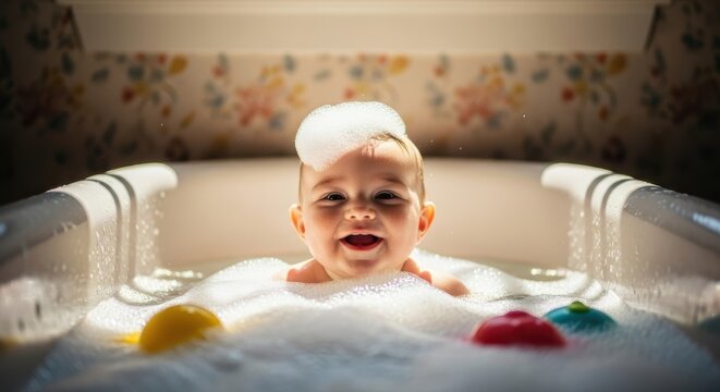Smiling baby enjoys bubbly bath time with foam on head and colorful toys