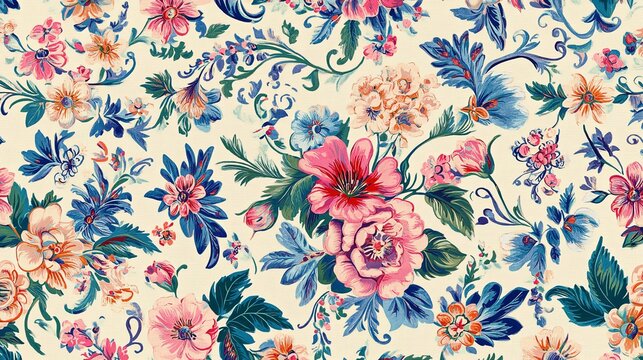 Vintage floral seamless pattern with pink and blue flower bouquet on light beige background textile design - Powered by Adobe