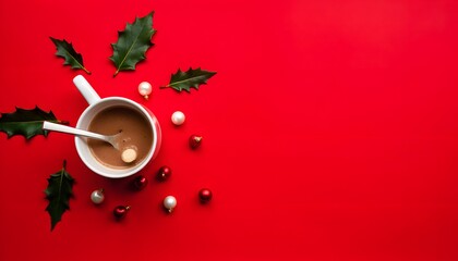 Hot Chocolate in White Mug Surrounded by Christmas Decor on Red Background