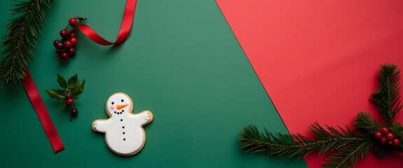Festive Gingerbread Snowman Cookie on Colorful Background with Holiday Decorations