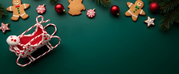 Festive Holiday Arrangement with Gingerbread Cookies, Sleigh, and Christmas Ornaments