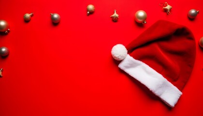 Festive Red Background with Santa Hat and Christmas Ornaments for Holiday Decor