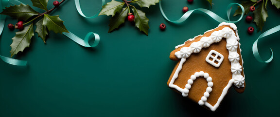 Cozy Gingerbread House Surrounded by Festive Greenery and Colorful Ribbons