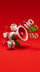 Festive megaphone wearing a Santa hat, surrounded by Christmas presents with bold &ldquo;Ho Ho Ho&rdquo; text on a red background and copy space in 3D illustration. Perfect for social media sales and promotions