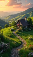 Fototapeta premium A cozy cottage nestled amongst rolling green hills, bathed in the warm glow of sunset Perfect for representing dreams of peaceful country living and idyllic escapes , garden, rustic
