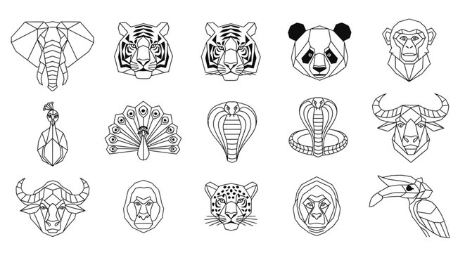 Collection of geometric animal head outlines in black and white, including elephant, tiger, panda, monkey, peacock, cobra, and bull.