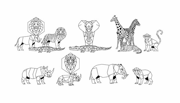 Line art illustration featuring a collection of stylized African animals including lions, giraffe, zebra, monkey, rhino, elephant, cobra, and crocodile. - Powered by Adobe