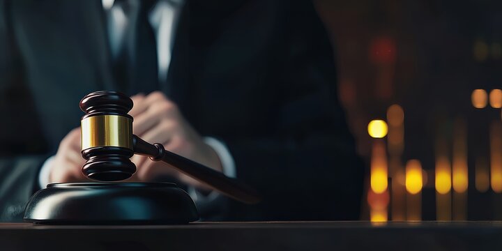 Judge or auctioneer gavel resting on a wooden table with a blurred background, symbolizing legal decisions and authority