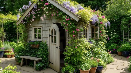 Fototapeta premium Enchanting garden shed covered in flowers