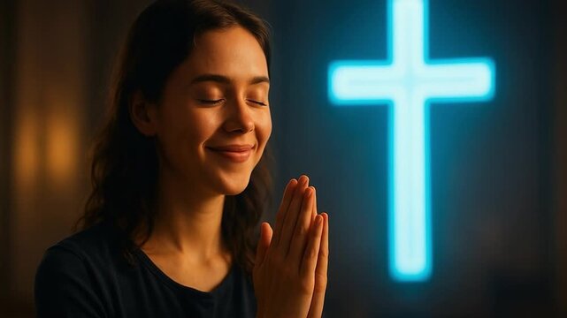 A young woman praying with her hands clasped in front of a glowing blue cross. Devout person smiles while in deep spiritual meditation. Faith and hope concept