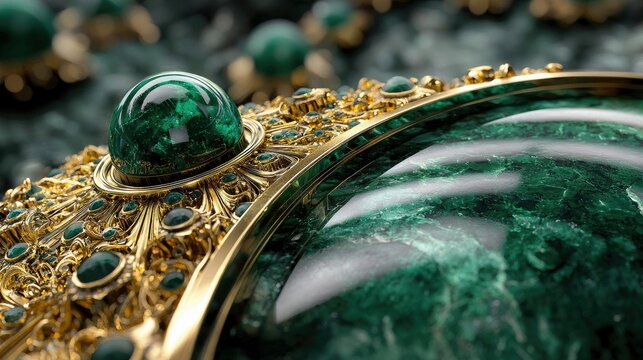 Close-up of luxurious golden jewelry with intricate details and vibrant green gemstones. The design features a combination of gold and malachite, creating a ric