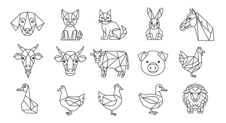 Geometric line art of various farm animals including a dog, cat, rabbit, horse, goat, cow, pig, chicken, duck, and sheep.