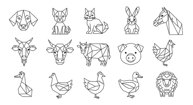 Geometric line art of various farm animals including a dog, cat, rabbit, horse, goat, cow, pig, chicken, duck, and sheep.
