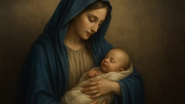 A classical painting of the Virgin Mary holding the sleeping baby Jesus. A tender depiction of mother and child from the nativity story. Christianity and faith concept