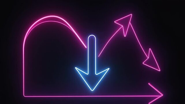 Glowing Arrows: A captivating neon display of arrows pointing downward, suggesting declines or decreases, against a dark backdrop. The eye-catching visuals, ideal for highlighting downturns.