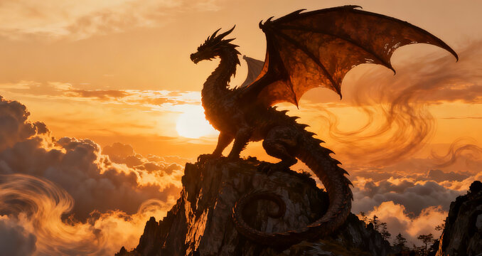 Massive dragon silhouette perched on a mountain cliff at sunrise, dramatic lighting, epic fantasy atmosphere, swirling clouds, powerful and majestic mood.