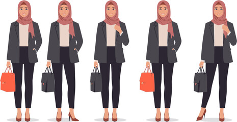 Fototapeta premium A series of illustrations depict a stylish woman wearing a hijab and business attire, holding a handbag, in various poses.