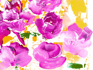 Abstract pink flowers, original hand drawn, impressionism style, color texture, brush strokes of paint, art background.