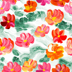 Seamless pattern of abstract red and pink flowers, original hand drawn, impressionism style, color texture, brush strokes of paint