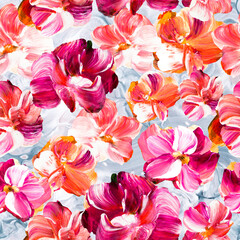 Seamless pattern of abstract pink flowers, original hand drawn, impressionism style, color texture, brush strokes of paint, art background