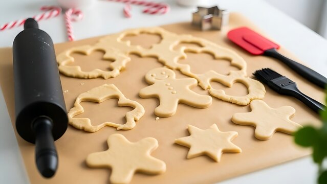 Preparing Homemade Christmas Cookies with Rolling Pin and Cutters baking dough