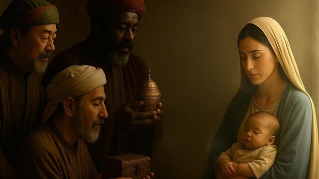 A realistic nativity scene of the three wise men adoring the baby Jesus. Mary holds the infant Christ as the Magi present gifts. The biblical story of Christmas and Epiphany