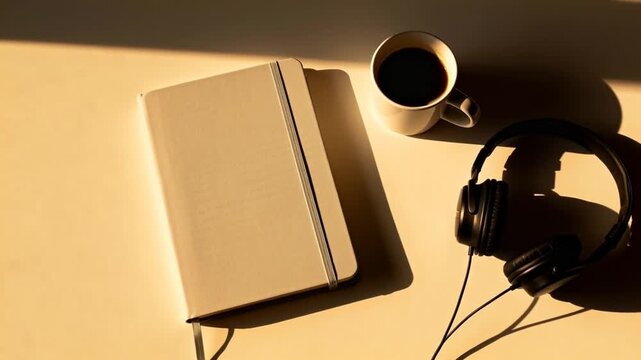 flat lay of journal, coffee mug, headphones, soft sunlight, minimalistic and peaceful, perfect for world introvert day
