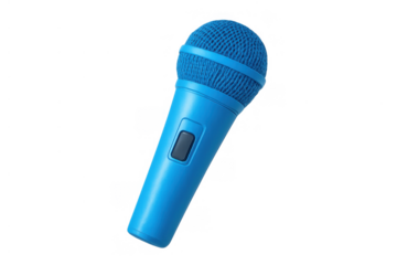 Blue microphone capturing sound for recording, broadcasting, and public speaking on transparent background