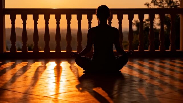 Silhouette of person meditating on a balcony at sunset, warm light reflecting on the floor, perfect for world introvert day