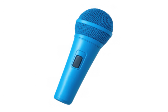 Blue microphone capturing sound for recording, broadcasting, and public speaking on transparent background