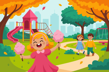 This vibrant park scene features children joyously playing and interacting with nature, showcasing the innocence of childhood in an engaging outdoor environment.