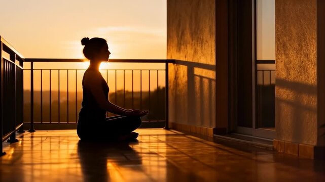 Silhouette of person meditating on a balcony at sunset, warm light reflecting on the floor, perfect for world introvert day