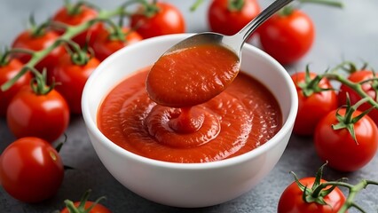 Spoonful of Tomato Puree Dripping into a Bowl Surrounded by Fresh Tomatoes sauce