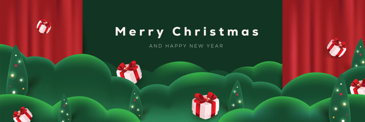 Obraz premium Festive Christmas banner background with gift boxes and decorated trees suitable for holiday greetings and seasonal designs