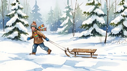 Child pulling a sled through a snowy forest