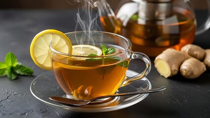 Steaming Hot Lemon Ginger Tea in Glass Cup with Mint and Teapot Keywords: hot beverage, tea, herbal