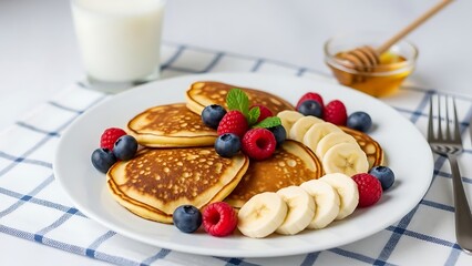 Stack of Golden Pancakes with Fresh Berries and Banana Slices breakfast brown