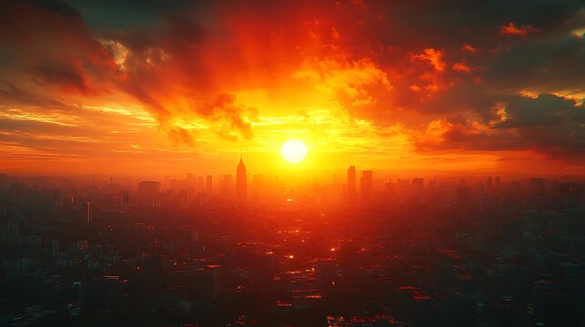 Fiery Sunset Over Dense Cityscape with Dramatic Clouds skyline buildings photo