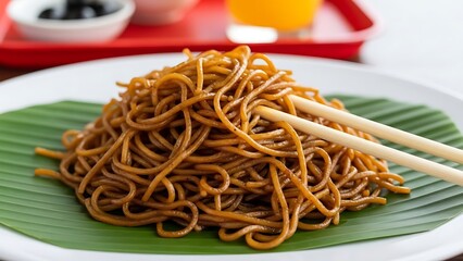Stir- Fried Noodles with Chopsticks on a Banana Leaf Plate stir-fry asian food