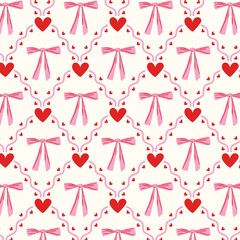 Seamless pattern with red hearts and pink bows. Romantic background for Valentine's Day. Festive textile wrapping paper design in doodle style.