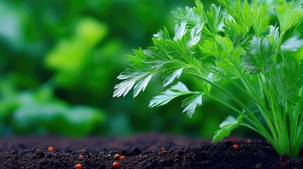 Close-up of a parsley plant growing in dark soil with a blurred green background. The image showcases the freshness and vibrancy of the plant.