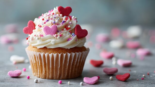 Valentine's day cupcake with heart decorations for celebration and dessert inspiration - Powered by Adobe
