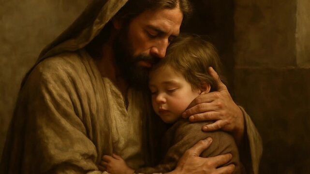 A painting of Jesus Christ holding a sleeping child. A tender embrace showing divine love and comfort. Religious concept of faith and protection