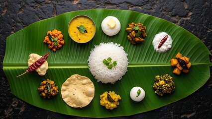 Traditional South Indian Meal Served on a Banana Leaf South Indian food thali