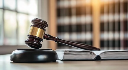 Fototapeta premium Gavel resting on its sound block next to an open law book, representing legal authority, justice, and court proceedings
