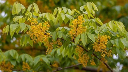 Tree Branch with Clusters of Small Yellow Flowers and Green Leaves image photo